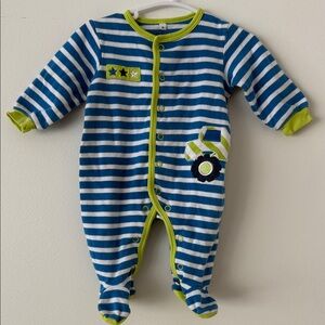 Blue & Lime Striped Baby Footie One-Piece with Tractor Applique